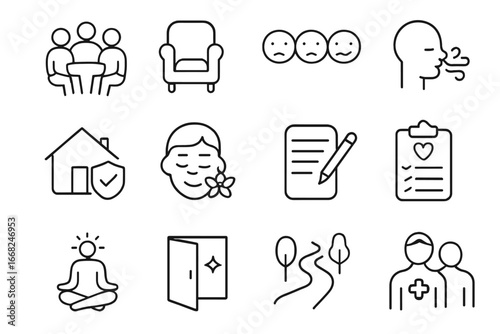 Mental Health Icons. Outline icon set of mental health retreat journeys: support group, talk therapy chair,