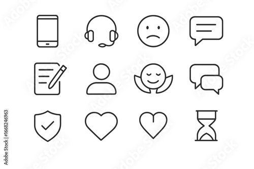 Mental Health Icon Set. Outline vector icons of online mental health support: smartphone, headset, mood icon,
