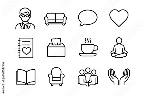Mental Health Icons. Outline icon set of mental health support: counselor, couch, speech bubble, heart icon,