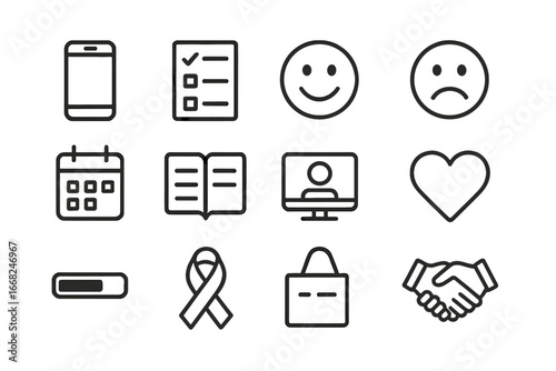 Mental Health Icons. Outline icon set of mental health check-ins: smartphone, checklist, happy face, sad face,