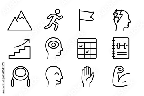 Mental Toughness Icons. Outline icon set of mental toughness development: mountain peak, endurance runner,