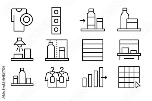 Merchandising Icon Grid. Outline vector icons of zoning for visual merchandising: focal item, color block,