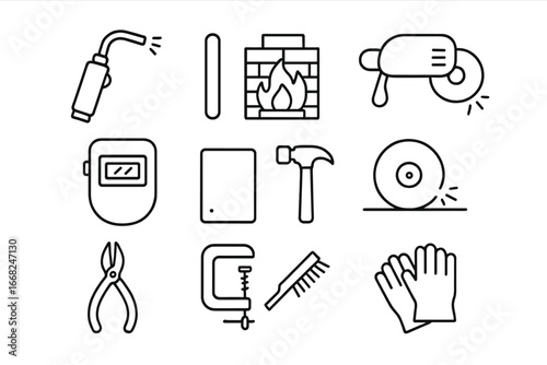 Metal Sculpture Icons. Outline icon set of metal sculpture techniques: welding torch, metal rod, forge, angle