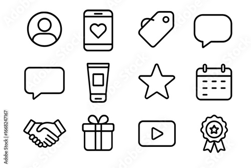 Micro-Influencer Icon Set. Outline icon set of micro-influencer marketing: profile picture, smartphone, heart,