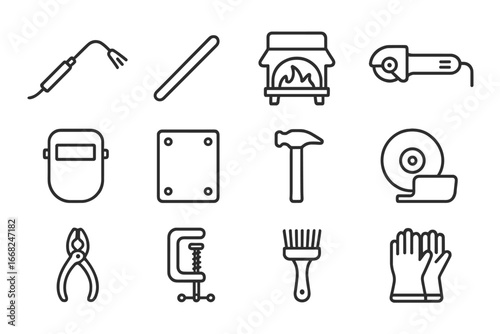 Metal Sculpture Icons. Outline icon set of metal sculpture techniques: welding torch, metal rod, forge, angle
