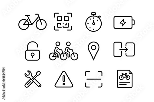 Micromobility Icon Set. Outline icon set of shared micromobility: dockless bike, QR scanner, ride timer,