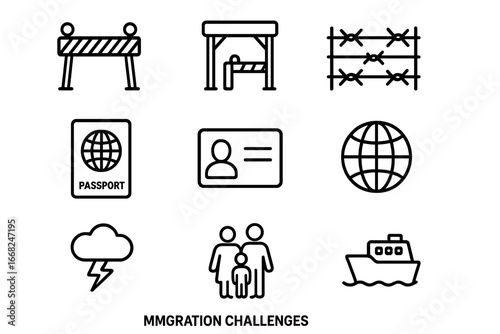 Migration Challenges Icons. Outline icon set of migration challenges: roadblock, border gate, security fence,