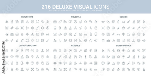 Genetics science and biotechnology, mutation and heredity research line icon set. Medical equipment for health check, AI and cloud computing settings thin black outline symbols vector illustration