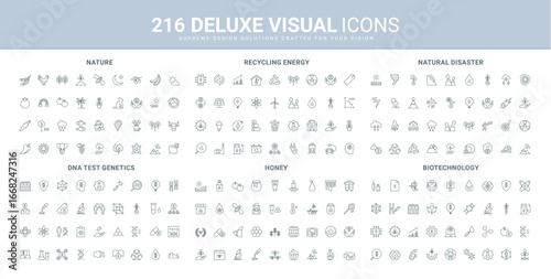 Eco energy and recycling, biotechnology and DNA research, natural disaster line icon set. Production of honey and bee products, biohazard danger thin black outline symbols vector illustration