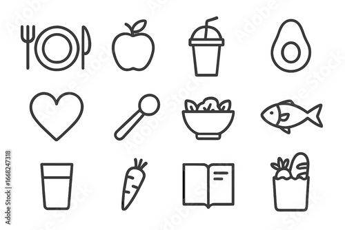 Mindful Eating Icons. Outline icon set of mindful eating guides: plate with fork and knife, apple, smoothie