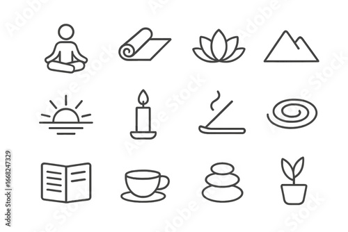 Mindfulness Icon Set. Outline icon set of mindfulness retreat activities: meditating person, yoga mat, lotus