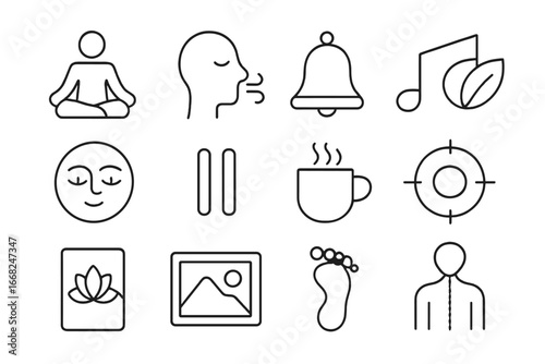 Mindfulness Session Icons. Outline vector icons of mindfulness during sessions: meditation posture, breath