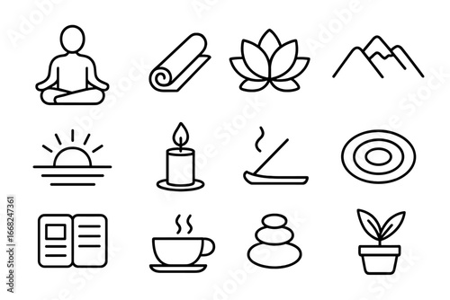 Mindfulness Icon Set. Outline icon set of mindfulness retreat activities: meditating person, yoga mat, lotus