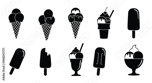 Black and white illustrations of various ice cream treats and frozen desserts
