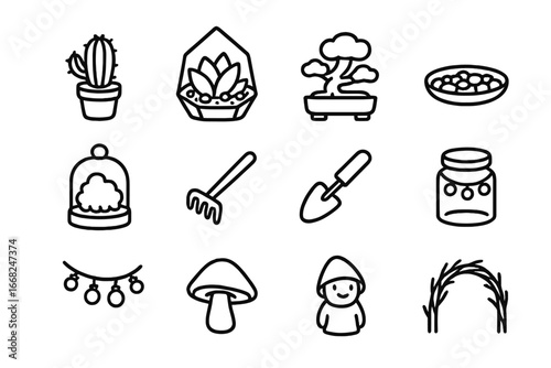 Mini Indoor Garden Icons. Outline icon set of miniature indoor gardens: mini cactus, succulent terrarium,