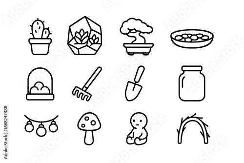 Mini Indoor Garden Icons. Outline icon set of miniature indoor gardens: mini cactus, succulent terrarium,
