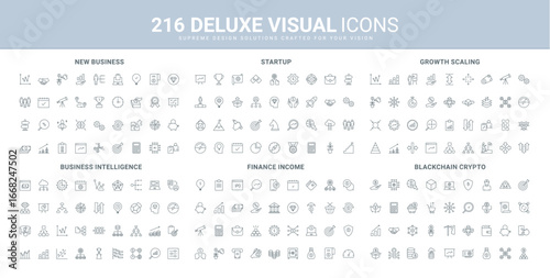 Business intelligence and startup development, scaling growth line icon set. Blockchain, crypto market development and fintech, managers thinking thin black outline symbols vector illustration