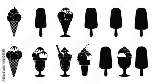 black silhouettes of various ice cream cones and frozen treats on white background