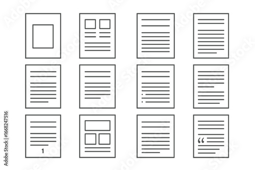 Minimalist Magazine Icons. Outline icon set of minimalist magazine layouts: simple cover, grid articles, clean
