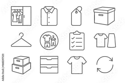 Minimalist Wardrobe Icons. Outline icon set of minimalist wardrobe setup: capsule wardrobe, folded shirt,