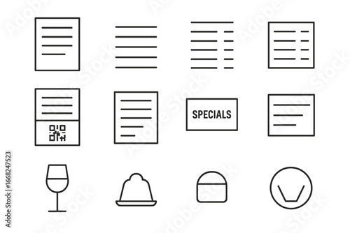 Minimalist Menu Icons. Outline icon set of minimalist menu layouts: plain title, item list, price column,
