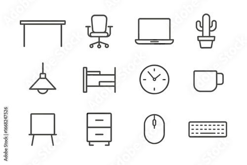 Minimalist Office Icons. Outline icon set of minimalistic modern offices: simple desk, ergonomic chair, laptop