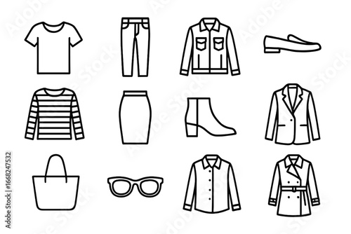 Minimalist Wardrobe Icons. Outline icon set of capsule wardrobe basics: white tee, black jeans, denim jacket,