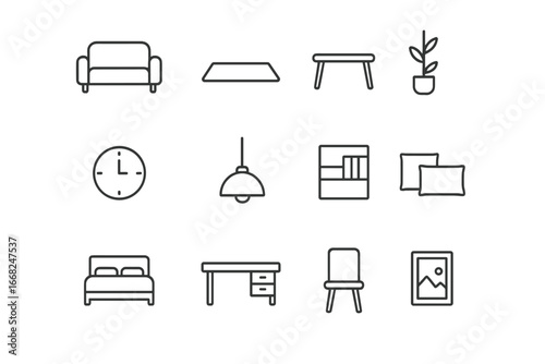 Minimalistic Icon Set. Outline icon set of minimalistic staging style: simple sofa, plain rug, coffee table,
