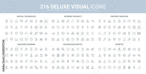 Digital startup technology, trend strategy and sharing solutions line icons set. Internet security and cryptography for blockchain, blog content creation thin black outline symbols vector illustration