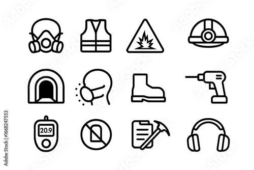 Mining PPE Icon Set. Outline icon set of mining PPE signage: respirator use, reflective clothing, blasting