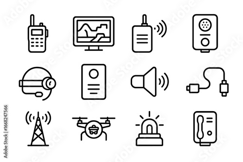 Mining Communication Icons. Outline icon set of mining communication systems: two-way radio, control room