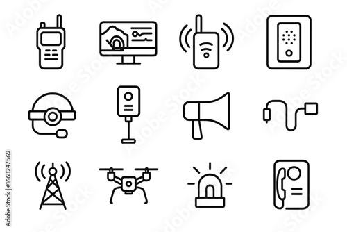 Mining Communication Icons. Outline icon set of mining communication systems: two-way radio, control room