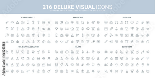 World religions and public holidays celebration line icon set. Judaism, Christianity, Islam, Buddhism thin black outline symbols, temple and holy book, prayer and spirituality vector illustration