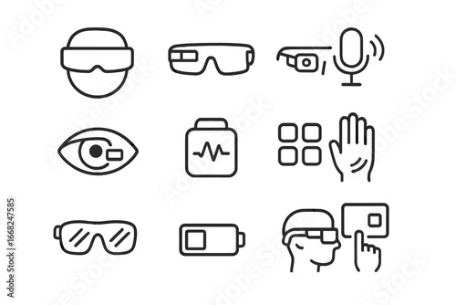 Mixed Reality Icons. Outline icon set of mixed reality wearables: smart visor, micro-display, embedded cam,