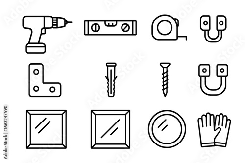 Mirror Installation Tools. Outline icon set of mirror installation tools: drill, level, tape measure, corner