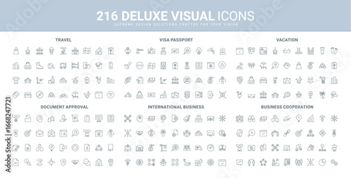 International business, partnership and teamwork cooperation, beach travel and tourism line icon set. Document inspection and confirmation, visa, passport thin black outline symbol vector illustration