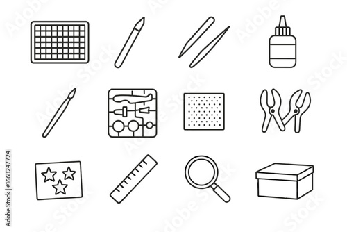 Model Building Tools. Outline icon set of model building: cutting mat, craft knife, tweezers, glue, small