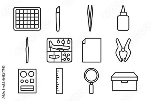 Model Building Tools. Outline icon set of model building: cutting mat, craft knife, tweezers, glue, small