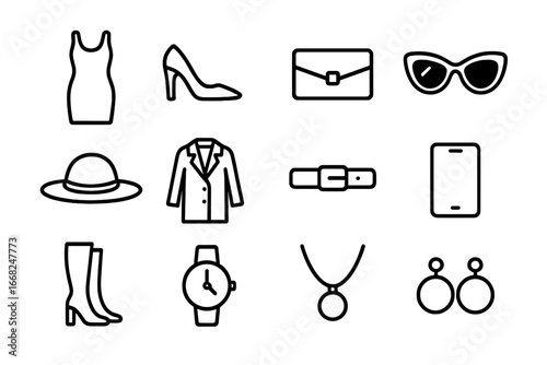 Monochrome Icon Set. Outline icon set of monochrome influencer looks: black dress, black heels, clutch bag,