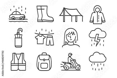 Monsoon Lifestyle Icons. Outline icon set of monsoon lifestyle: flooded road, rain boots, tarp shelter, rubber
