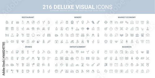 Market economy and money management, restaurant and winery menu, entertainment line icon set. Business, protection of wealth and income, economic growth thin black outline symbols vector illustration