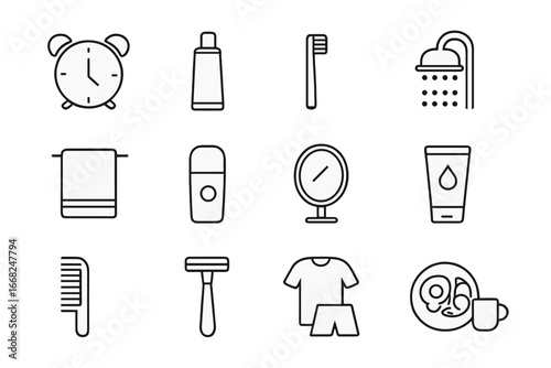 Morning Routine Icons. Outline icon set of morning bathroom routine: alarm clock, toothpaste, toothbrush,