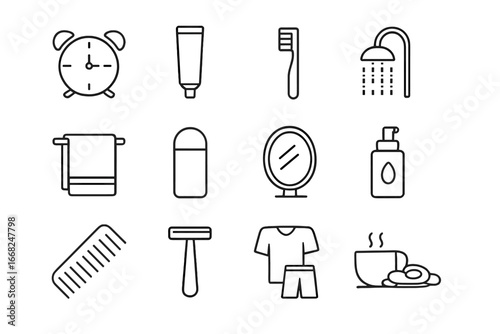 Morning Routine Icons. Outline icon set of morning bathroom routine: alarm clock, toothpaste, toothbrush,