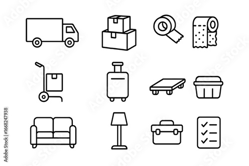 Moving Icons Collection. Outline icon set of helping a friend move to a new home: moving truck, cardboard