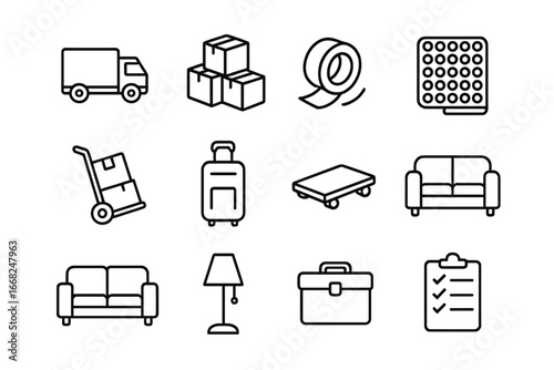 Moving Icons Collection. Outline icon set of helping a friend move to a new home: moving truck, cardboard