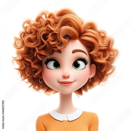 Charming 3D Avatar A Young Woman with Vibrant Red Curly Hair and a Sweet, Upbeat Expression