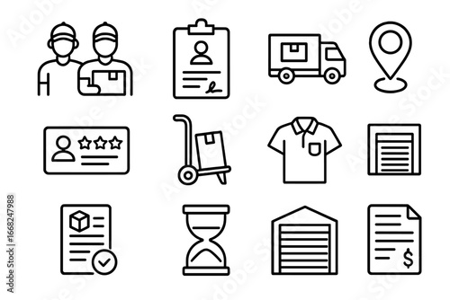 Moving Services Icons. Outline icon set of professional moving services: moving crew, clipboard contract,