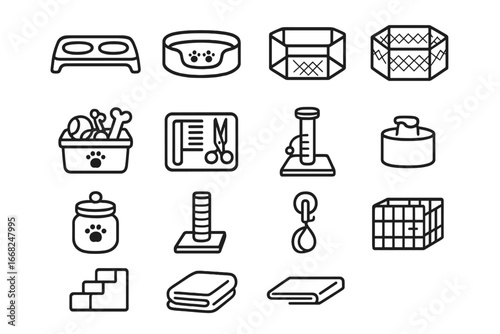 Multi-Pet Home Icons. Outline icon set of multi-pet home solutions: double feeding station, shared bed,