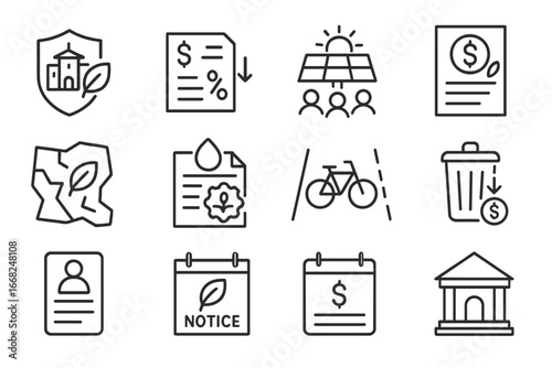 Municipal Eco-Incentives Icons. Outline icon set of municipal eco-incentives: local government badge, tax