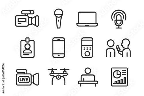Multimedia Journalism Icons. Outline icon set of multimedia journalism: video camera, microphone, laptop,